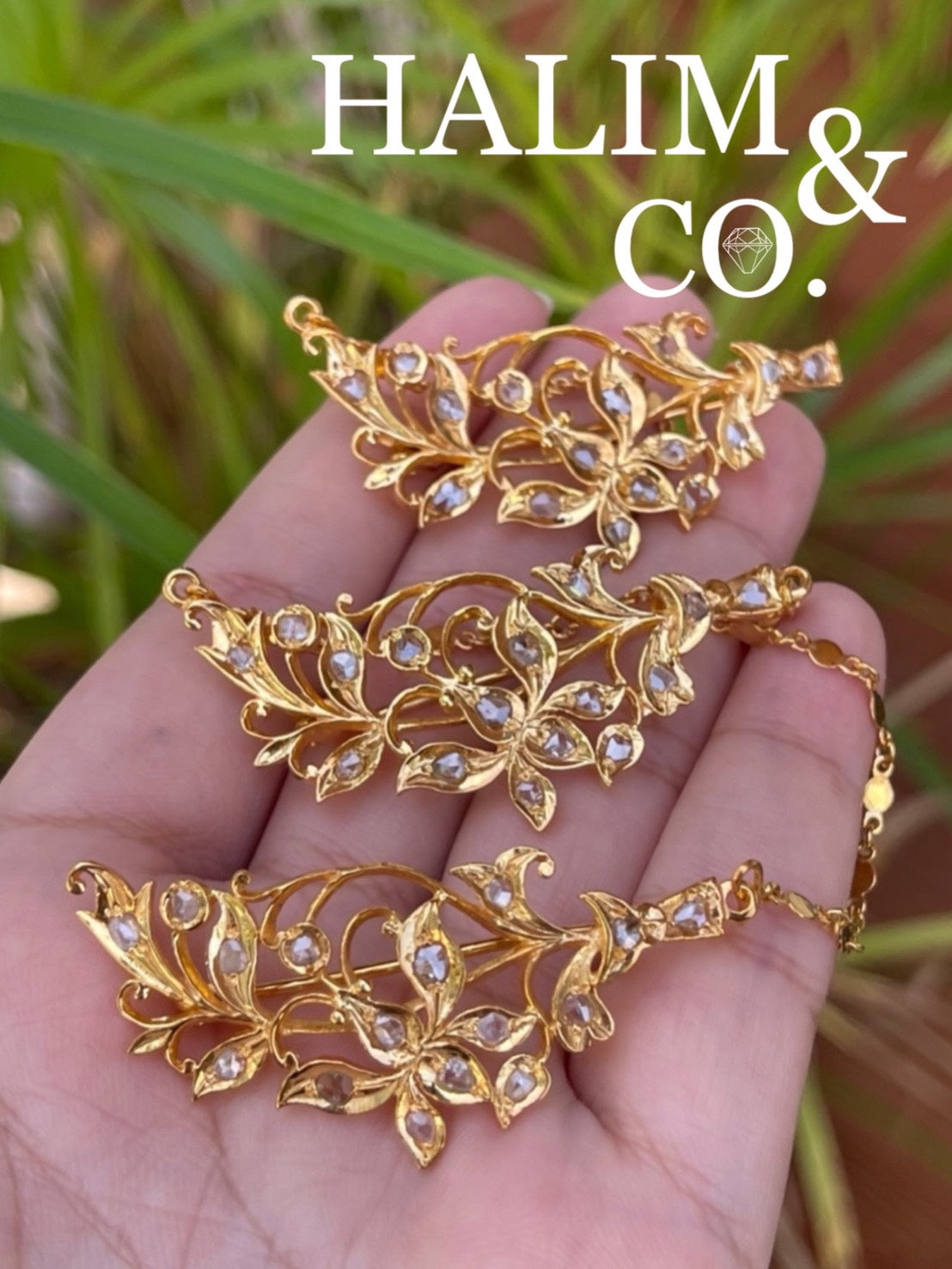 A gorgeous set of three antique gold brooches set with polki diamonds with patterned chains. Kebaya Jewelry / Peranakan Nyonya Jewelry