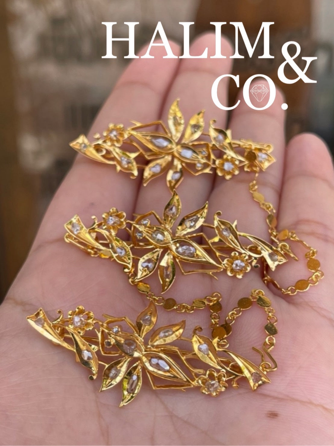 A gorgeous set of three antique gold brooches set with polki diamonds with patterned chains. Kebaya Jewelry / Peranakan Nyonya Jewelry