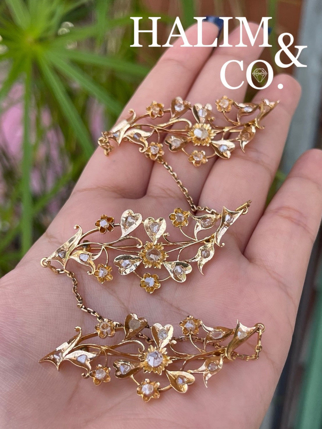 A gorgeous set of three antique gold froral brooches set with slice polki diamonds with patterned chains. Kebaya Jewelry / Peranakan Nyonya Jewelry
