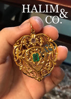 Antique Emerald And Rose Cut Diamond Pendant With 18k Gold. Kebaya Jewelry / Peranakan Nyonya Jewelry