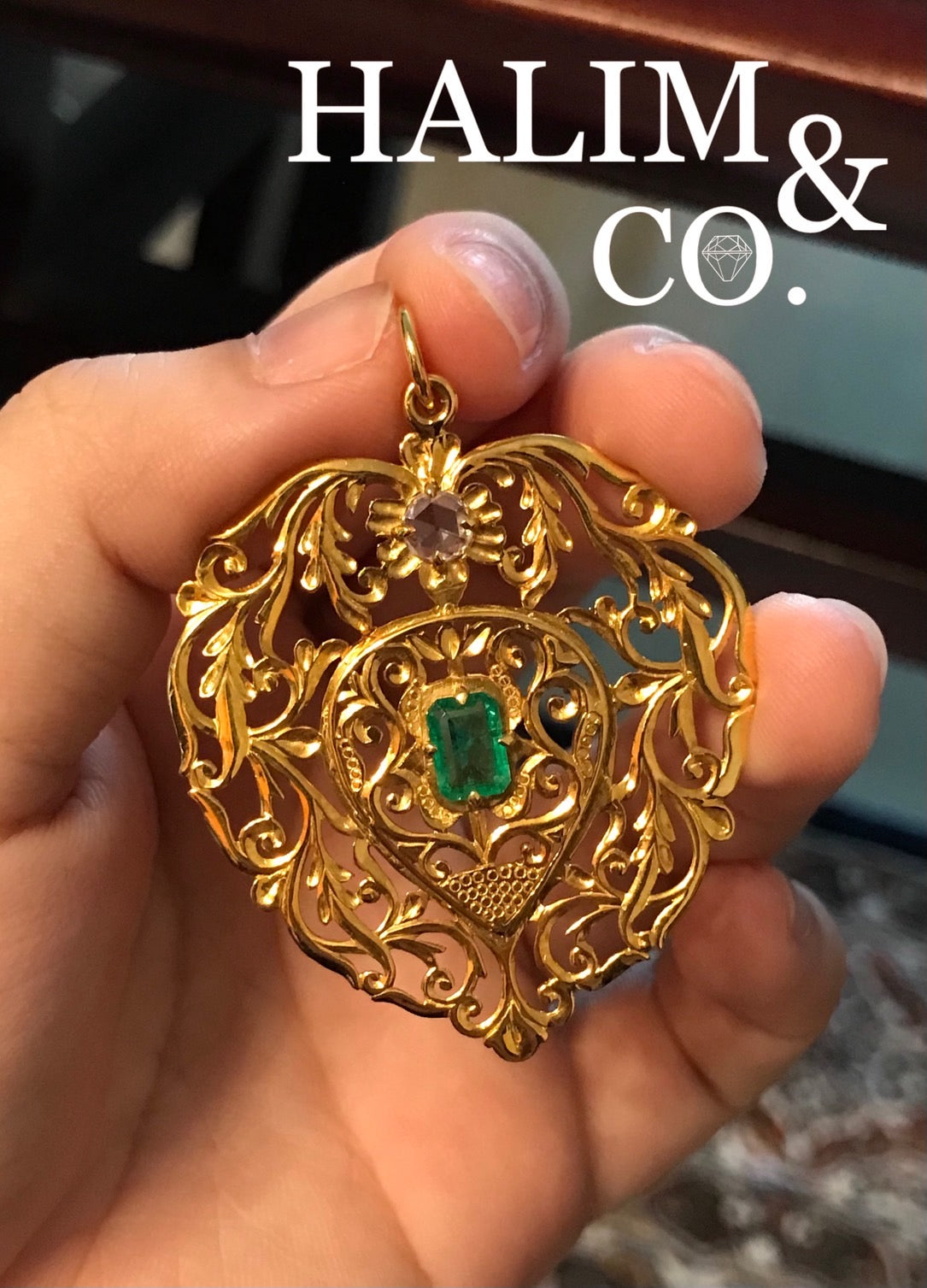 Antique Emerald And Rose Cut Diamond Pendant With 18k Gold. Kebaya Jewelry / Peranakan Nyonya Jewelry