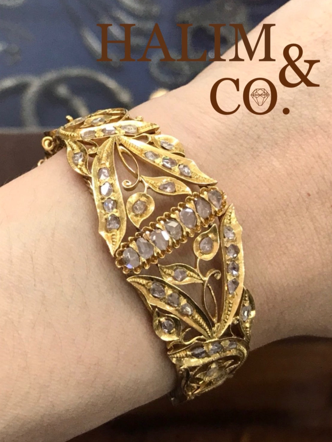 Antique Gold Bracelet With Rose Cut Diamond. Kebaya Jewelry / Peranakan Nyonya Jewelry
