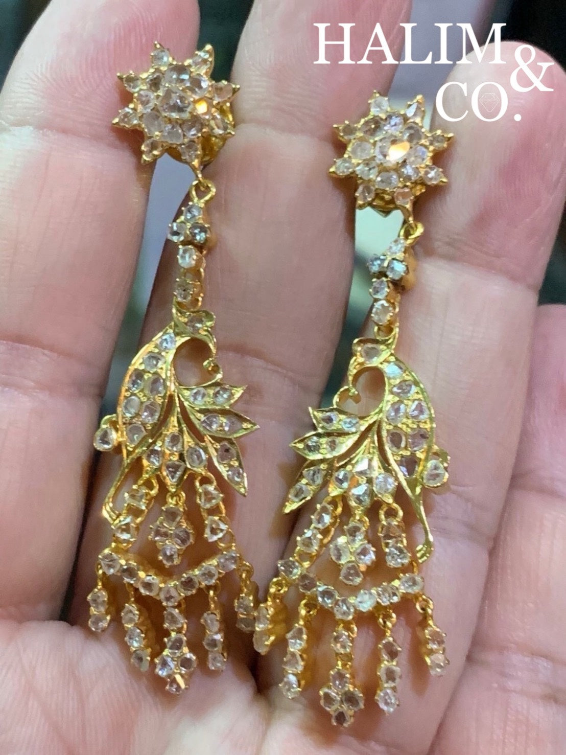 Antique Polki Diamond Bird And Star Chandelier Earrings With Gold. Kebaya Jewelry / Peranakan Nyonya Jewelry