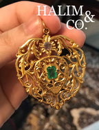 Antique Emerald And Rose Cut Diamond Pendant With 18k Gold. Kebaya Jewelry / Peranakan Nyonya Jewelry