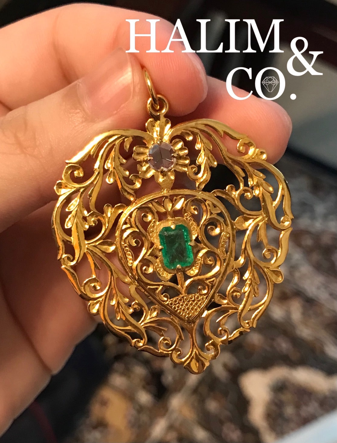 Antique Emerald And Rose Cut Diamond Pendant With 18k Gold. Kebaya Jewelry / Peranakan Nyonya Jewelry