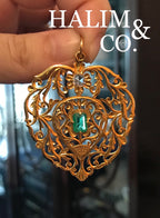Antique Emerald And Rose Cut Diamond Pendant With 18k Gold. Kebaya Jewelry / Peranakan Nyonya Jewelry