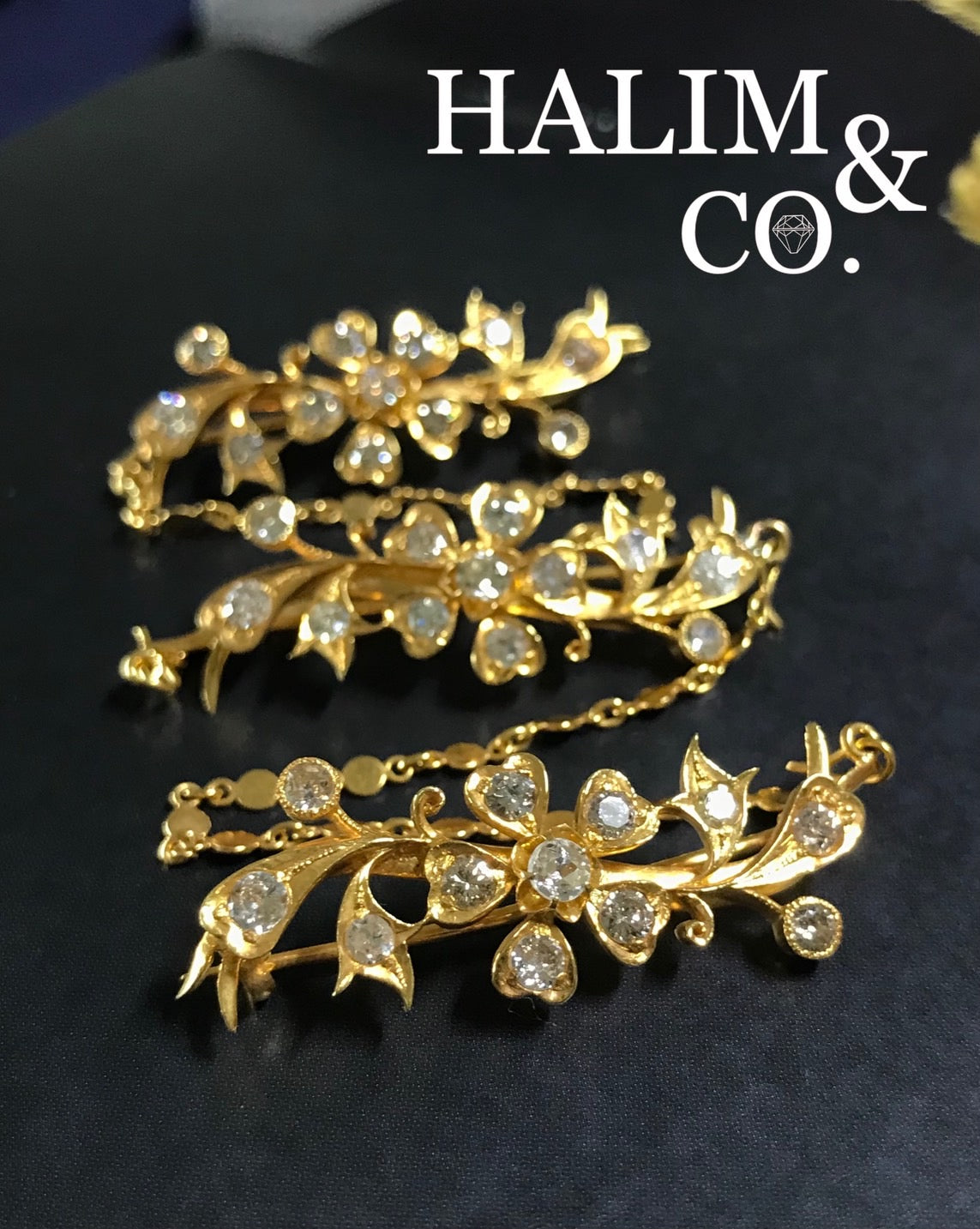 A gorgeous set of three antique gold brooches set with Old Cut Diamonds with patterned chains. Kebaya Jewelry / Peranakan Nyonya Jewelry