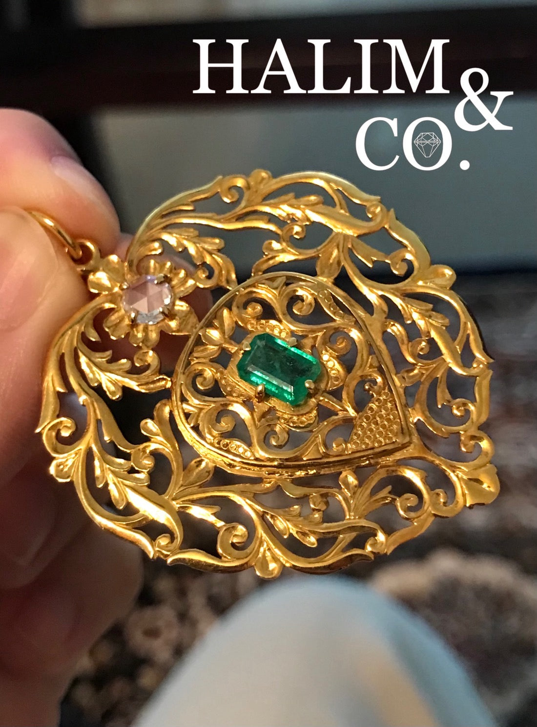 Antique Emerald And Rose Cut Diamond Pendant With 18k Gold. Kebaya Jewelry / Peranakan Nyonya Jewelry