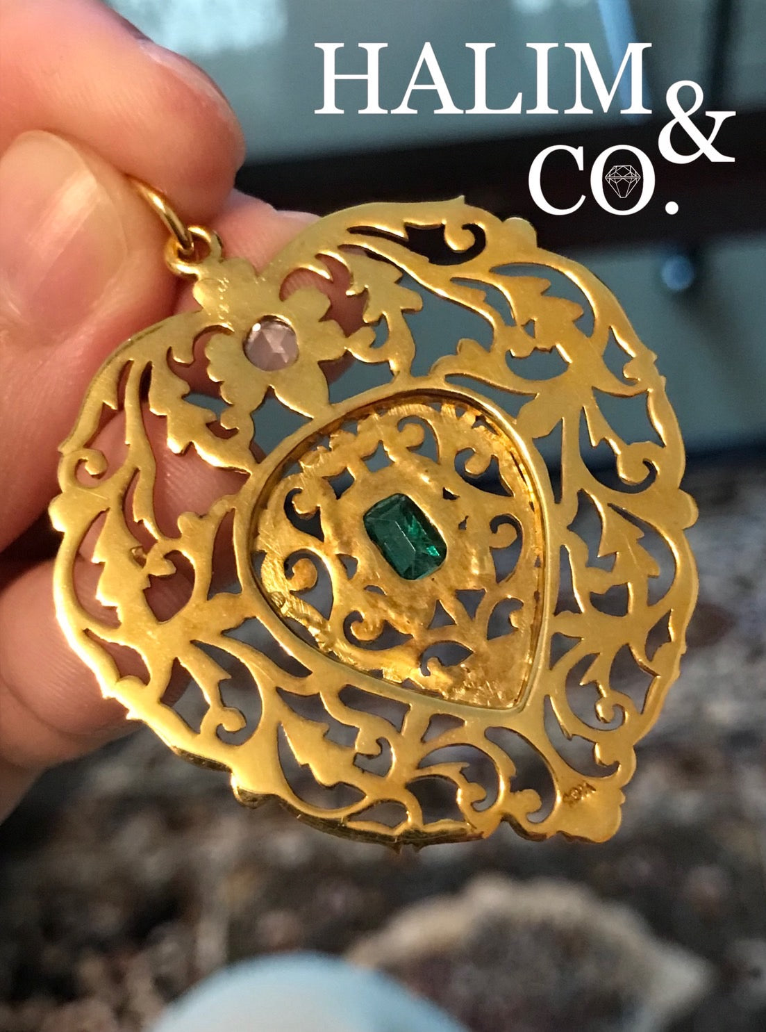 Antique Emerald And Rose Cut Diamond Pendant With 18k Gold. Kebaya Jewelry / Peranakan Nyonya Jewelry