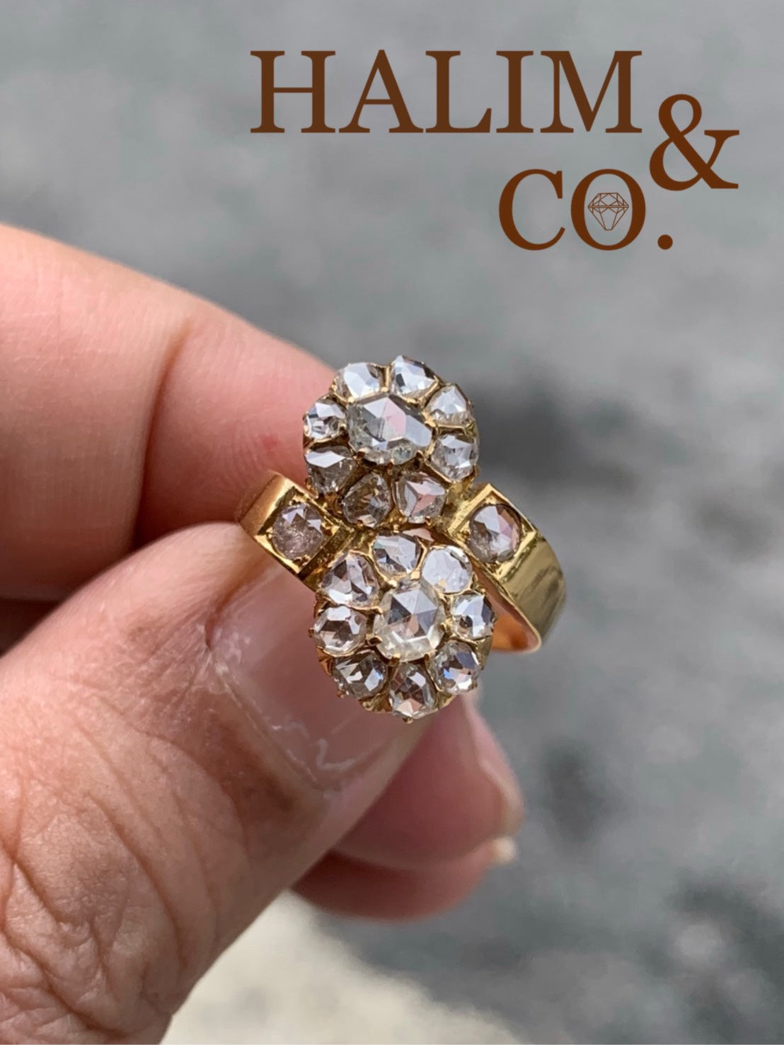 Antique Rose Cut Diamond Twin Cluster Ring. Kebaya Jewelry / Peranakan Nyonya Jewelry