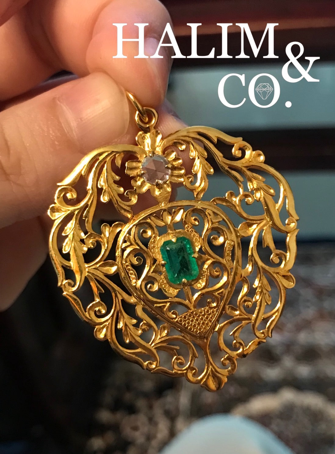 Antique Emerald And Rose Cut Diamond Pendant With 18k Gold. Kebaya Jewelry / Peranakan Nyonya Jewelry