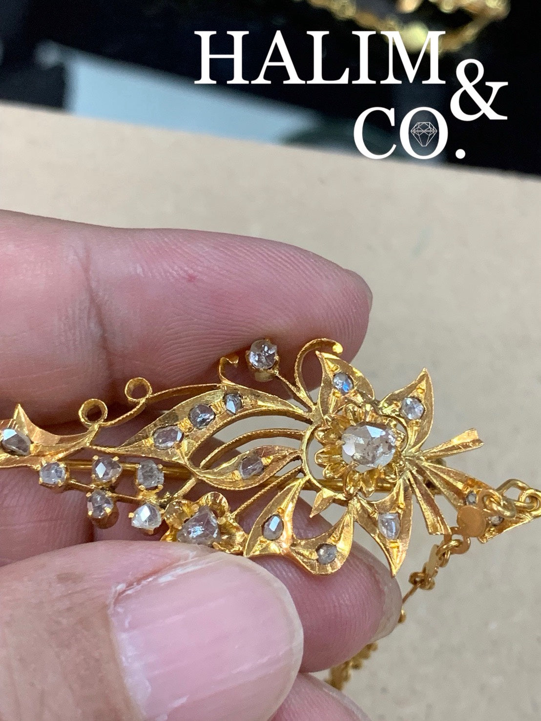 A gorgeous set of three antique gold brooches set with Polki Diamonds with patterned chains. Kebaya Jewelry / Peranakan Nyonya Jewel