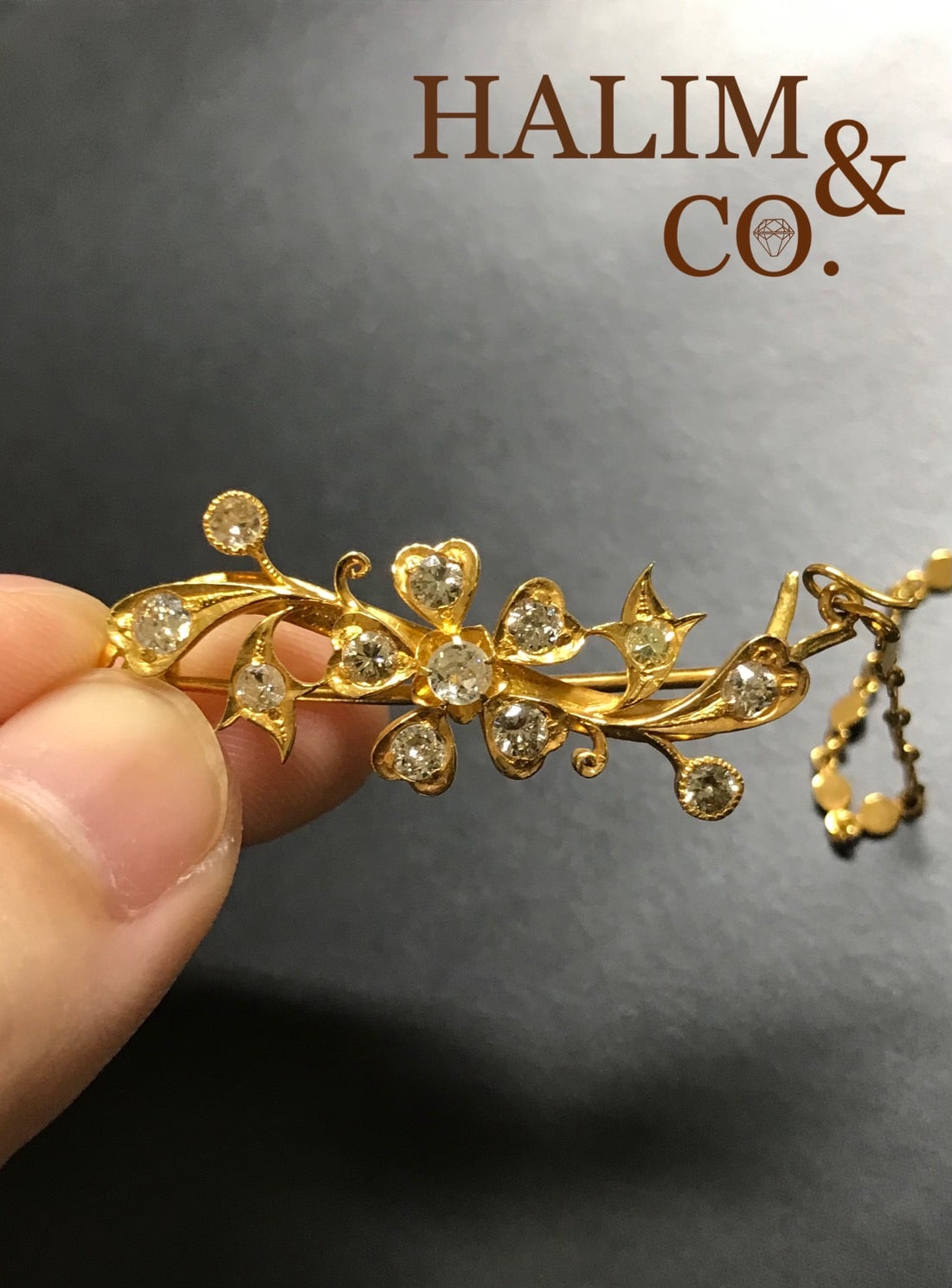 A gorgeous set of three antique gold brooches set with Old Cut Diamonds with patterned chains. Kebaya Jewelry / Peranakan Nyonya Jewelry