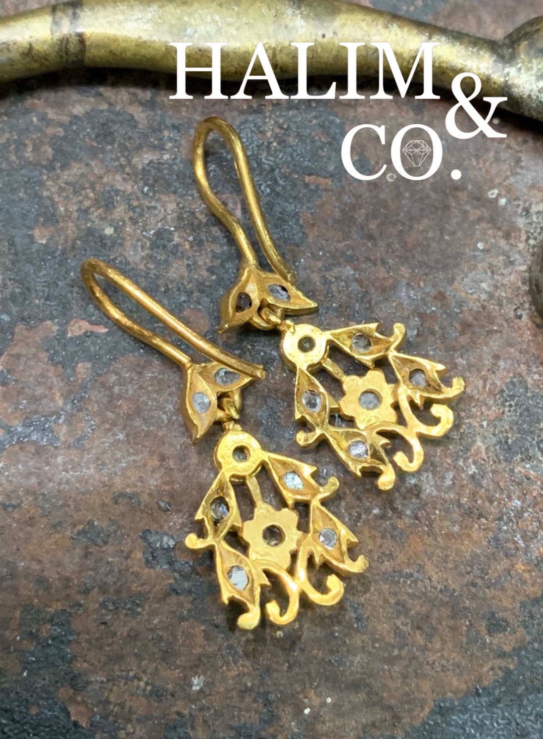 Antique Polki Diamond Dangle Earrings. Kebaya Jewelry / Peranakan Nyonya Jewelry