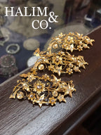 A gorgeous set of three antique gold brooches set with polki diamonds with patterned chains. Kebaya Jewelry / Peranakan Nyonya Jewelry