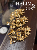 A gorgeous set of three antique gold brooches set with polki diamonds with patterned chains. Kebaya Jewelry / Peranakan Nyonya Jewelry