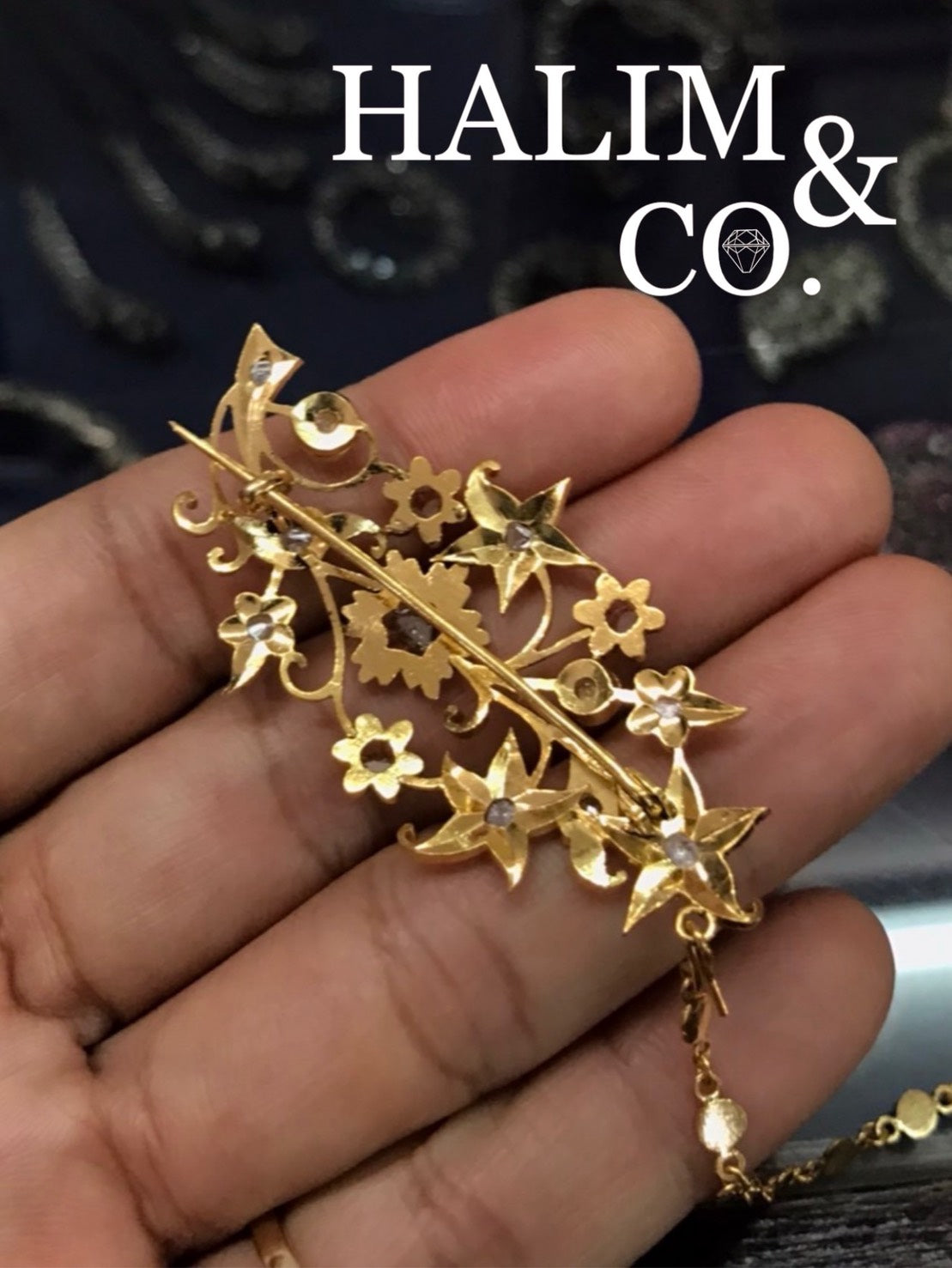 A gorgeous set of three antique gold brooches set with polki diamonds with patterned chains. Kebaya Jewelry / Peranakan Nyonya Jewelry