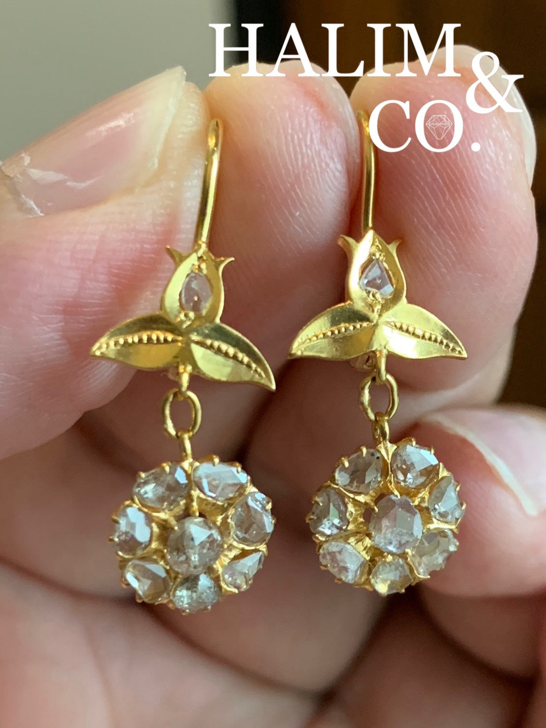 Antique Polki Diamond Dangle Earrings. Kebaya Jewelry / Peranakan Nyonya Jewelry