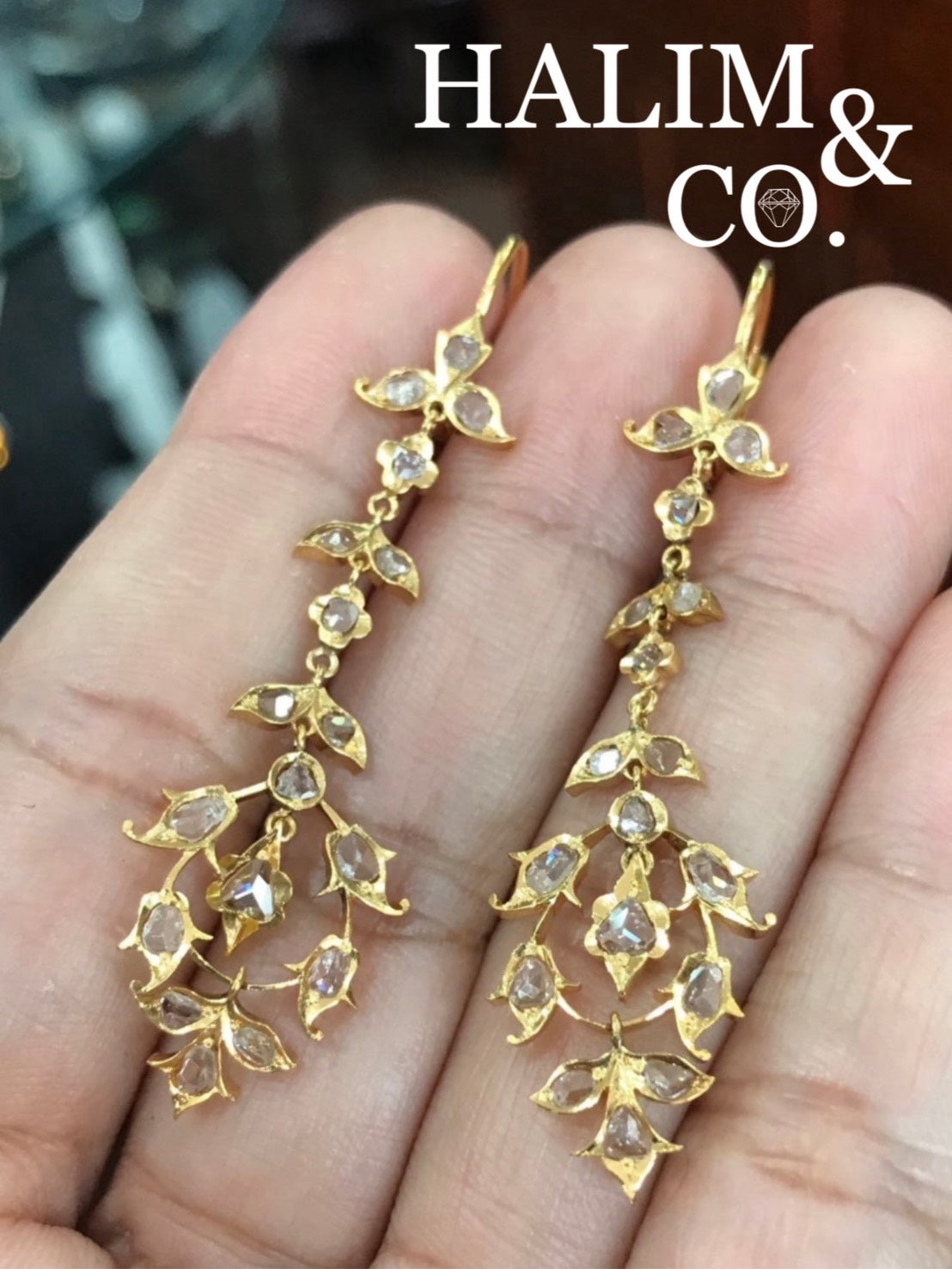 Antique Polki Diamond Chandelier Earrings. Kebaya Jewelry / Peranakan Nyonya Jewelry