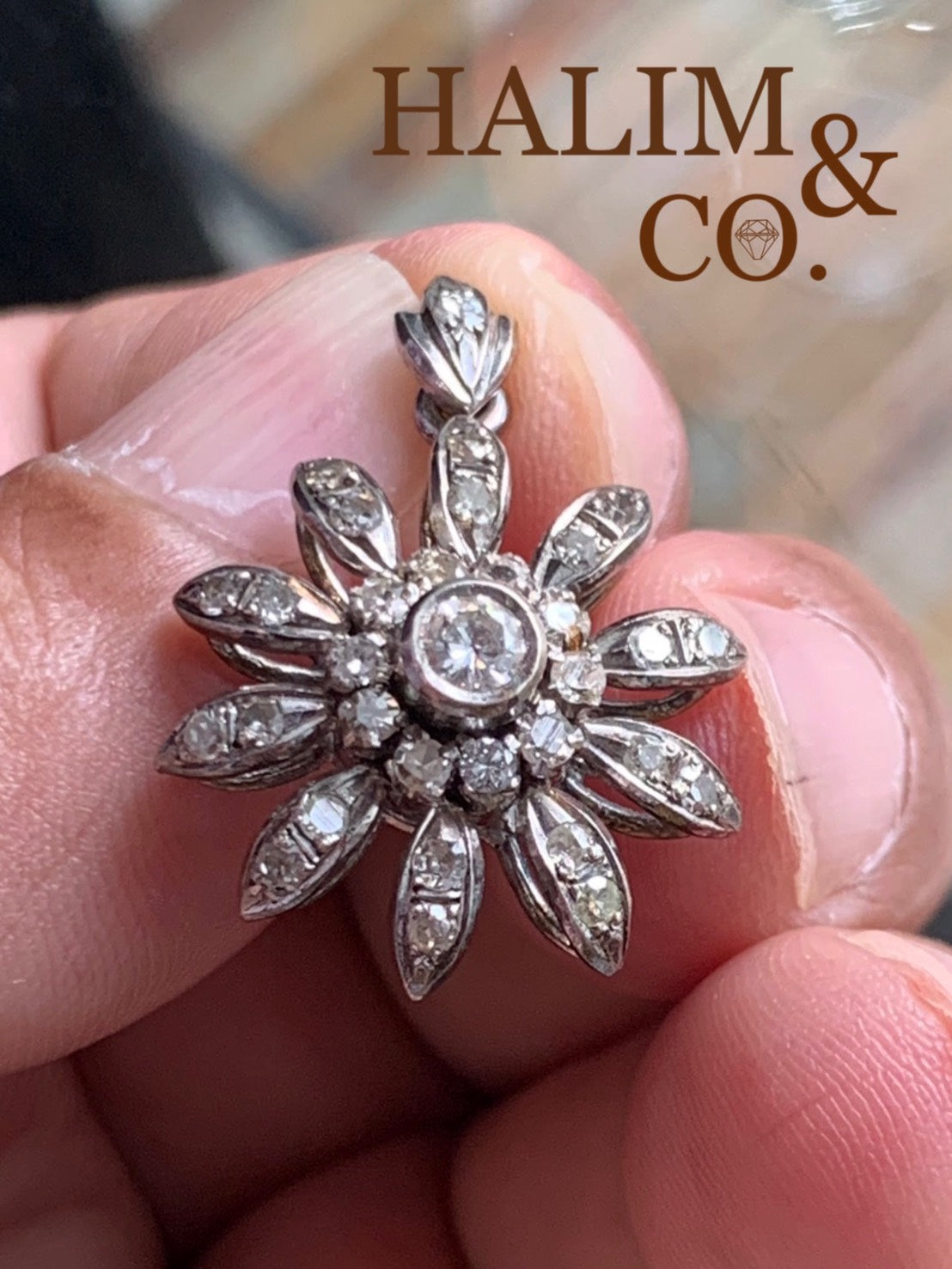 Antique Old Brilliant Cut Diamond Flower Pendant With Old White Gold. Kebaya Jewelry / Peranakan Nyonya Jewelry
