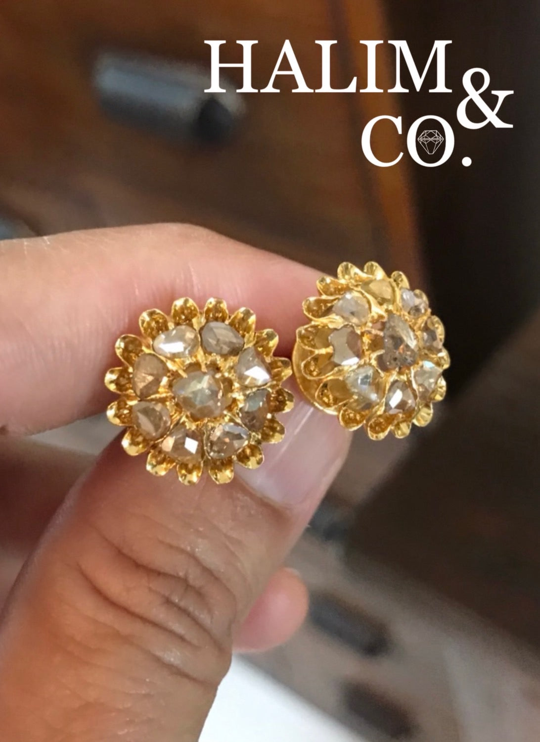 Antique Rose Cut Diamond Cluster Earrings. Kebaya Jewelry / Peranakan Nyonya Jewelry
