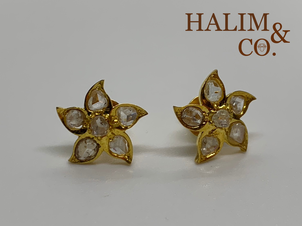 Antique Peranakan Earrings With Natural Rose Cut Diamond And 18k Gold. Kebaya Nyonya Jewelry