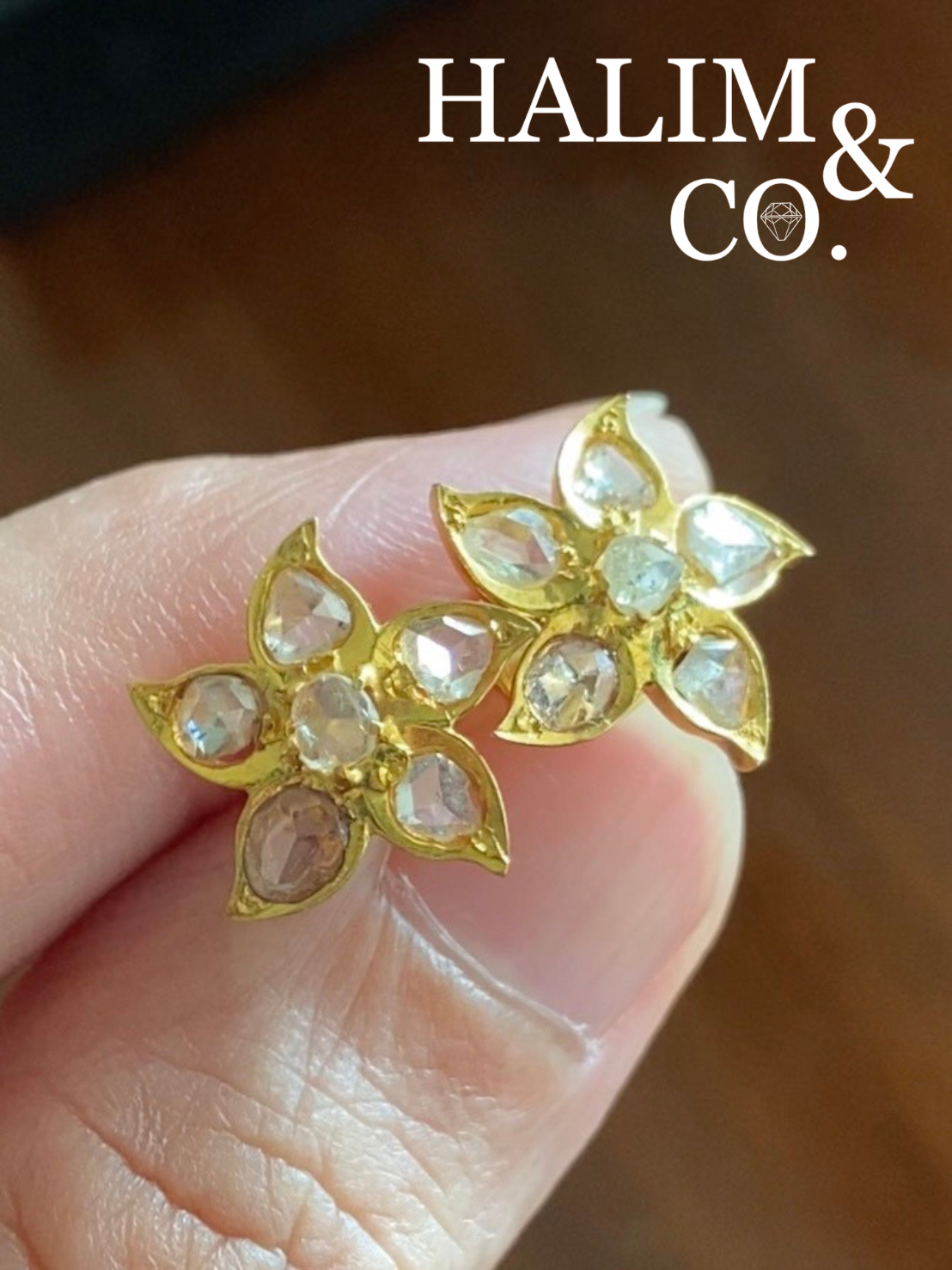 Antique Peranakan Earrings With Natural Rose Cut Diamond And 18k Gold. Kebaya Nyonya Jewelry