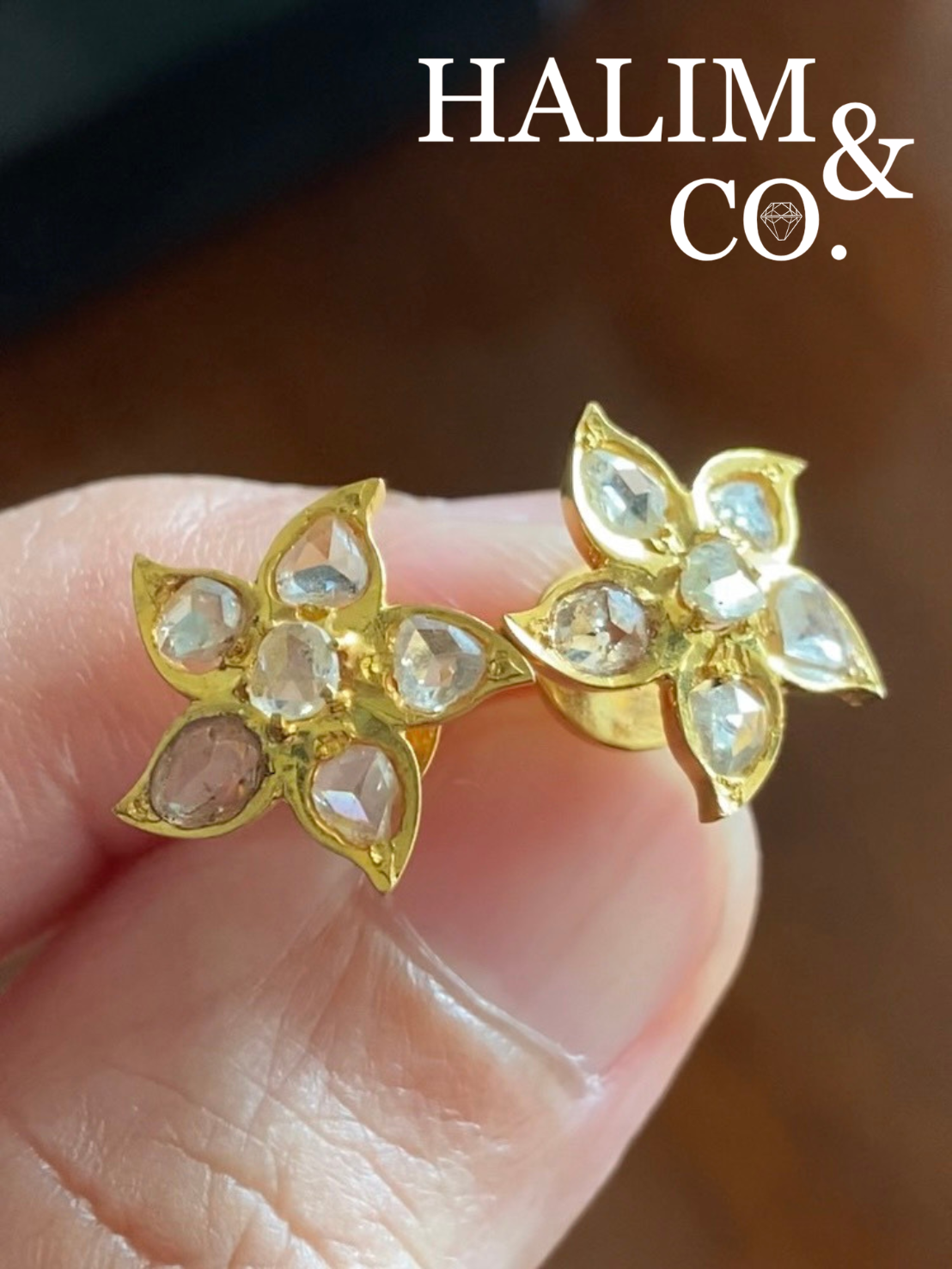 Antique Peranakan Earrings With Natural Rose Cut Diamond And 18k Gold. Kebaya Nyonya Jewelry
