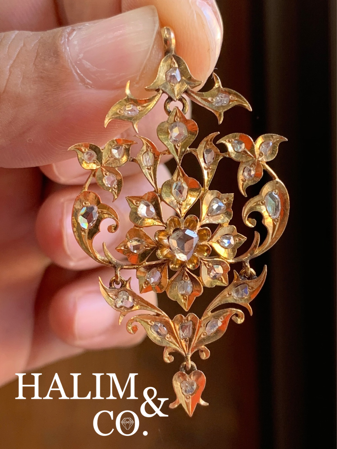 Antique Polki Diamond Flower Pendant With Gold. Kebaya Jewelry / Peranakan Nyonya Jewelry