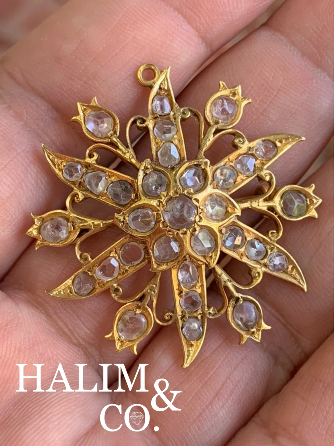 Antique Natural Rose Cut Diamond Brooch With Gold. Kebaya Jewelry / Peranakan Nyonya Jewelry