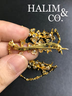 A gorgeous set of three antique gold brooches set with Old Cut Diamonds with patterned chains. Kebaya Jewelry / Peranakan Nyonya Jewelry