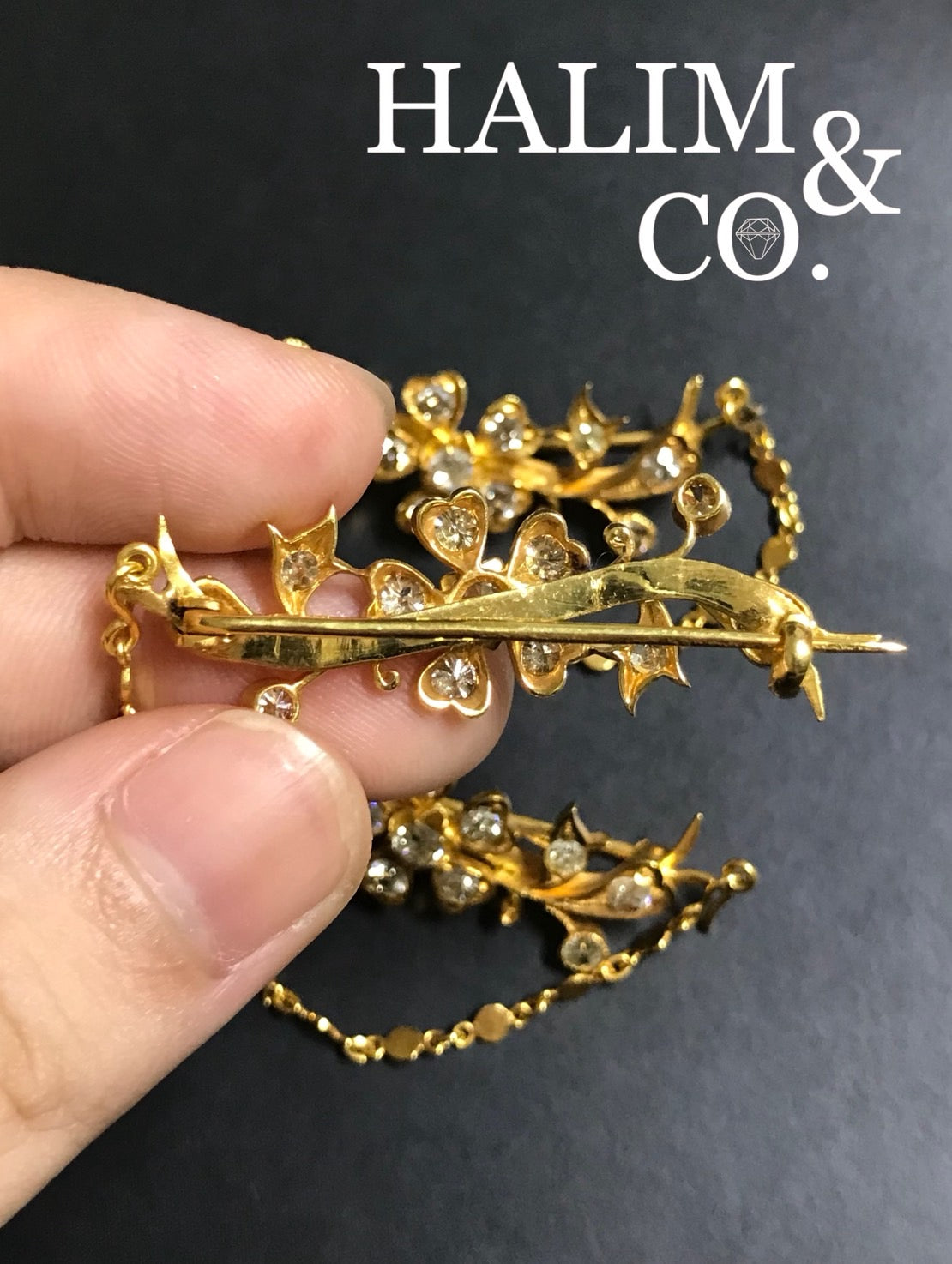 A gorgeous set of three antique gold brooches set with Old Cut Diamonds with patterned chains. Kebaya Jewelry / Peranakan Nyonya Jewelry