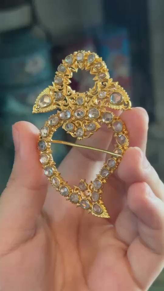 Antique Gold Plated Silver Brooch With Zircon. Kebaya Jewelry / Peranakan Nyonya Jewelry